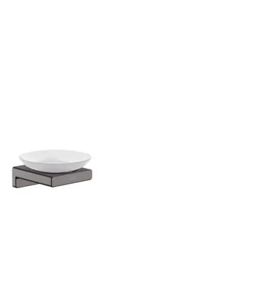 Seifenschale aus Weißporzellan auf einem Halter aus gebürstetem schwarzem Chrom, designed von Hansgrohe für die Wandmontage.